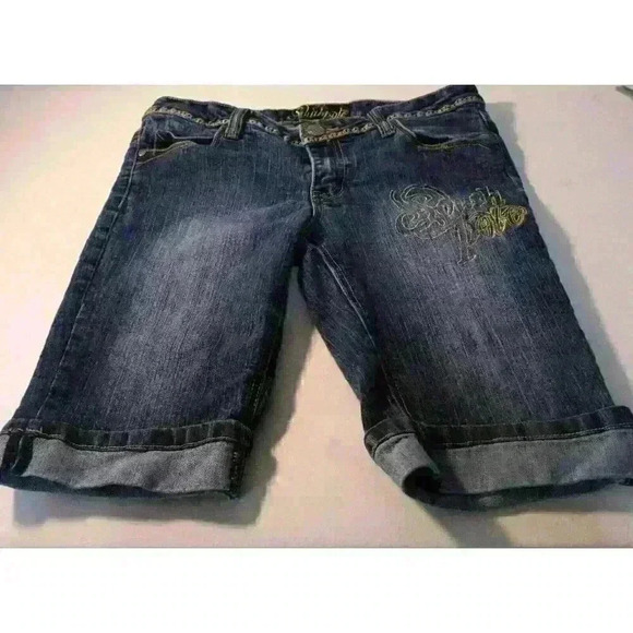 Southpole Denim Bermuda Cuffed Shorts Gold Embellished Y2K Shorts Juniors Size 9 - Picture 1 of 9